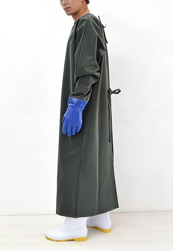 SUJAN Heavy Duty Waterproof PVC Coated Apron with Gloves, Chemical Resistant, Oil-Proof Reusable Work Gown for Food Processing Car Washing, Lab and Industrial Use Green L