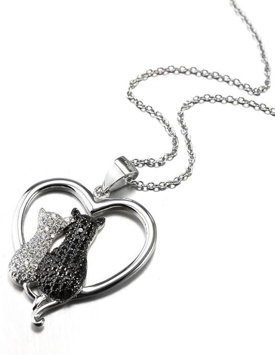 Two-tone 925 Sterling Silver Black and White Crystal Couple Cat Love Pendant Necklace, 18"