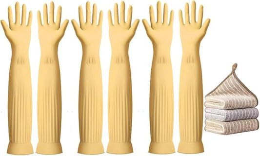 3- Pair 17.8 - Inch Elbow - Length Reusable Rubber Waterproof Household Cleaning and Kitchen Dishwashing Gloves - Large Size