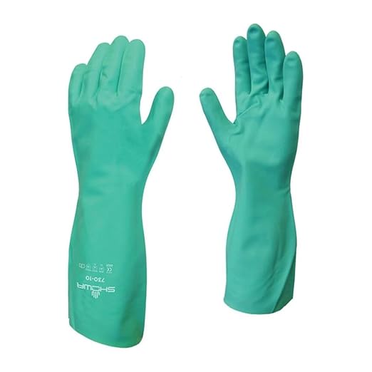 SHOWA 730 Chemical Resistant Gloves, 15-mil Nitrile with Cotton Flock Liner, 13-inch Extended Gauntlet, Bisque Grip, CE Cat III & Food Safe, Green, Medium, 1 Pair
