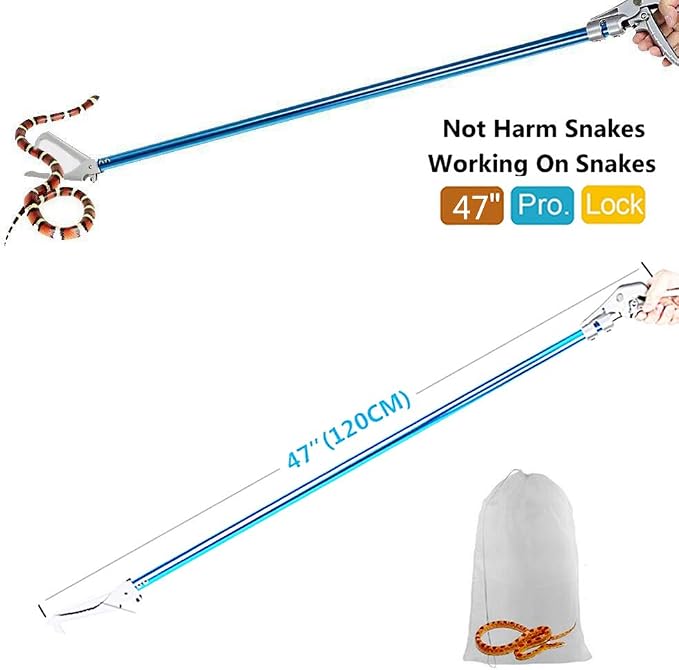 47'' Snake Tong Reptile Grabber Rattle Snake Catcher Wide Jaw Handling Tool with Lock and Comfortable Grip Handle All-Aluminum Alloy Professional