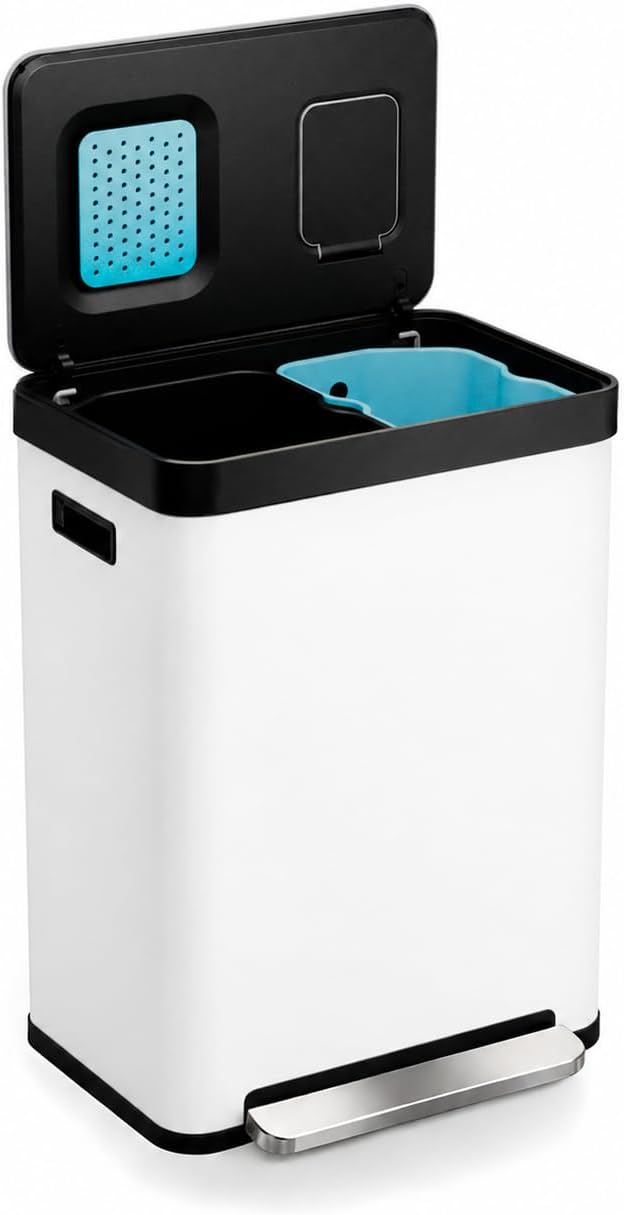 Home Zone Living 19 Gallon Kitchen Trash Can with Dual Compartments for Recycling, CleanAura Odor Control, Stainless Steel, Matte White, 70 Liters Total
