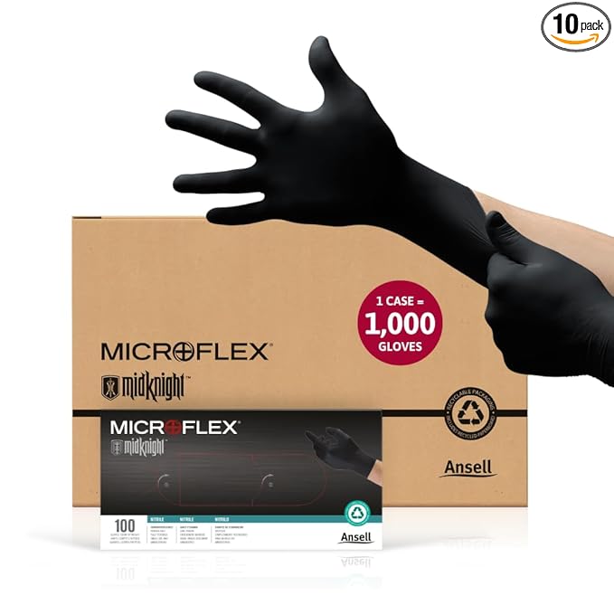 Ansell MICROFLEX MidKnight MK-296 Disposable Nitrile Gloves for Automotive, Law Enforcement w/Full Texture - X-Large, Black (Case of 1000)