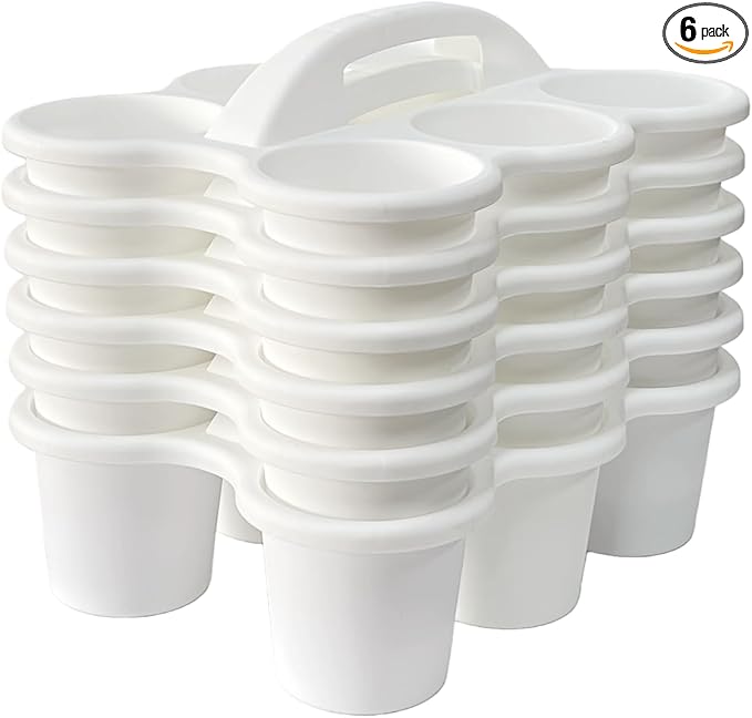RAUVOLFIA 6 Pack Classroom Caddy Storage Basket with Handle, Plastic Drink Cup Caddy Holder, 6 Compartments for Kids, Table, Office, Arts, Crafts, Crayon, Marker, Pencil, School Supplies (White)