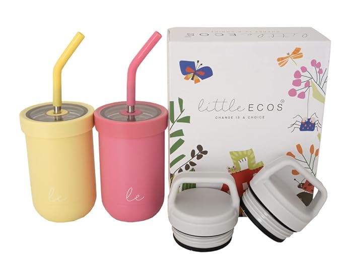 Toddler straw cups spill proof | Set of 2 Stainless steel Baby straw sippy cups for toddlers 3+ year old | Insulated Kids cup tumblers | Best training cups for toddlers 1-3