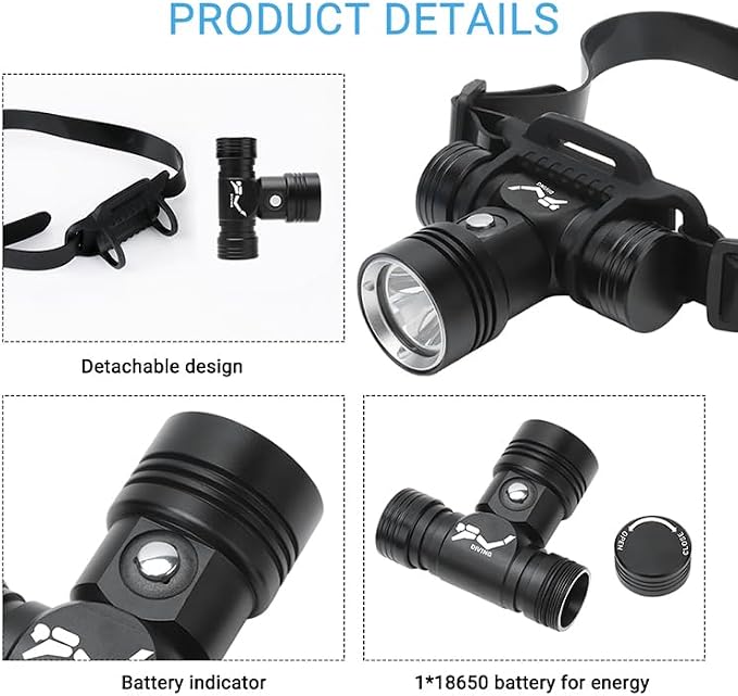 BORUIT B14 Rechargeable Diving Headlamp Flashlight IPX8 Waterproof Head Lamp Super Bright - 3 Light Mode Underwater 60M Swimming Headlight fit Adult Fishing Scuba Water Work
