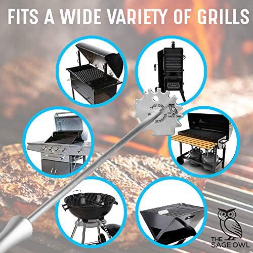 Sage Owl Bristle-Free Stainless Steel BBQ Grill Scraper with 17.5” Handle – Safe Universal Grill Cleaner for Outdoor Grills Barbecue Grilling Tools and Accessories - Gifts for Dad from Daughter