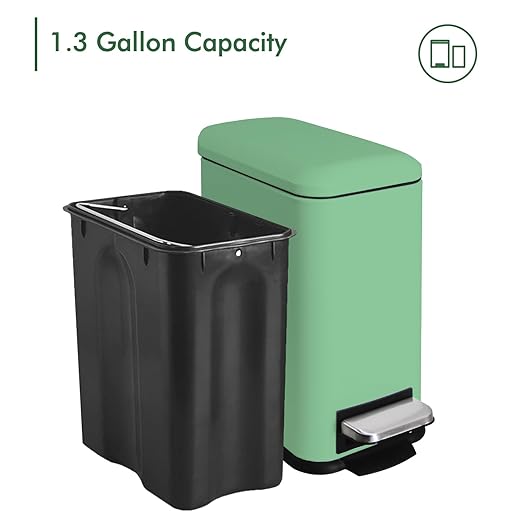 5 Liter / 1.3 Gallon Trash Can with Removable Liner, Soft Close lid & Step Pedal, Stainless Steel Trash Bin for Bathroom,Bedroom,Home Office,Green