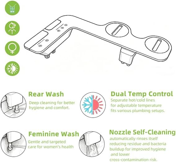 ULTRA-SLIM BIDET ATTACHMENT FOR TOILET WITH SOLID BRASS INLETS, DUAL TEMPERATURE HOT AND COLD WATER BIDET, NON-ELECTRIC TOILET BIDET WITH FEMININE & POSTERIOR WASH, NOZZLE SELF-CLEANING, 0.2"