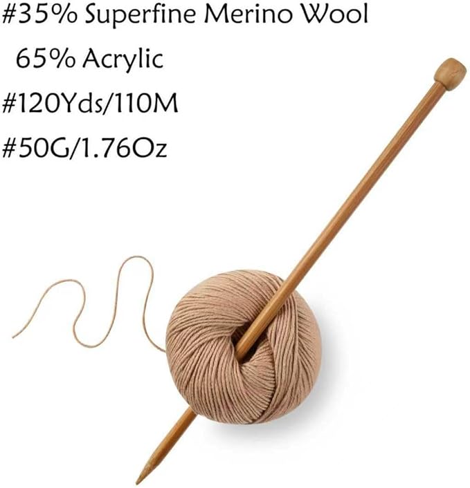 Merino Wool Yarn, 12-Ply Luxurious and Soft Yarn for Hand Knitting & Crocheting, 1.76 OZ/50g, 120 yds/110 Meters(Camle,6Balls)