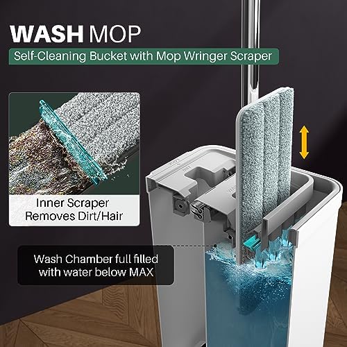 JOYMOOP Mop and Bucket with Wringer Set with 61" Mop Handle with Flexible 13" Flat Head with 8 pcs Microfiber Mop Pads - White