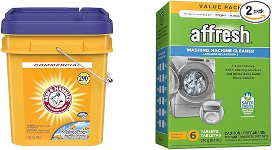 Arm & Hammer 33200-01001 Powder Laundry Detergent, Crisp Clean, 18lb Pail & Affresh Washing Machine Cleaner, 6 Month Supply, Cleans Front Load and Top Load Washers, Including HE
