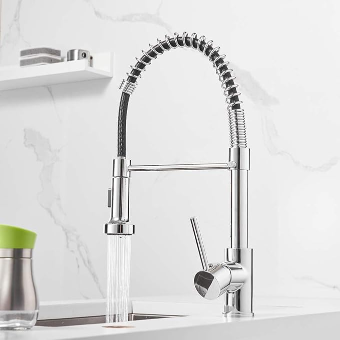Spring Kitchen Sink Faucet Commercial Single Handle Single Lever Kitchen Faucet with Pull Down Sprayer, Polished Chrome Kitchen Faucets
