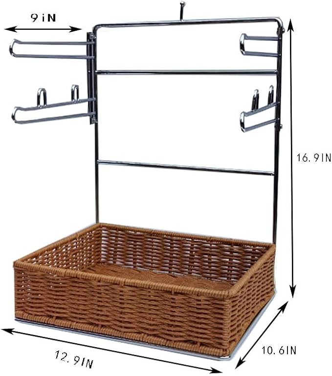 T-shirt shopping bag rack and dispenser, grocery store counter plastic bag rack with a nice wicker basket base, transforms cluttered shopping bags into a neat and easy-to-use storage solution