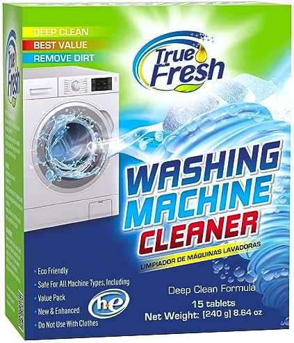 True Fresh Washing Machine Cleaner Descaler Tablets 15 Pack - Heavy Duty Mold Stain Remover Gel – Deep Cleaning Kit for HE Front & Top Load Washers, Seals, Grout, Shower Caulking, Tiles & More