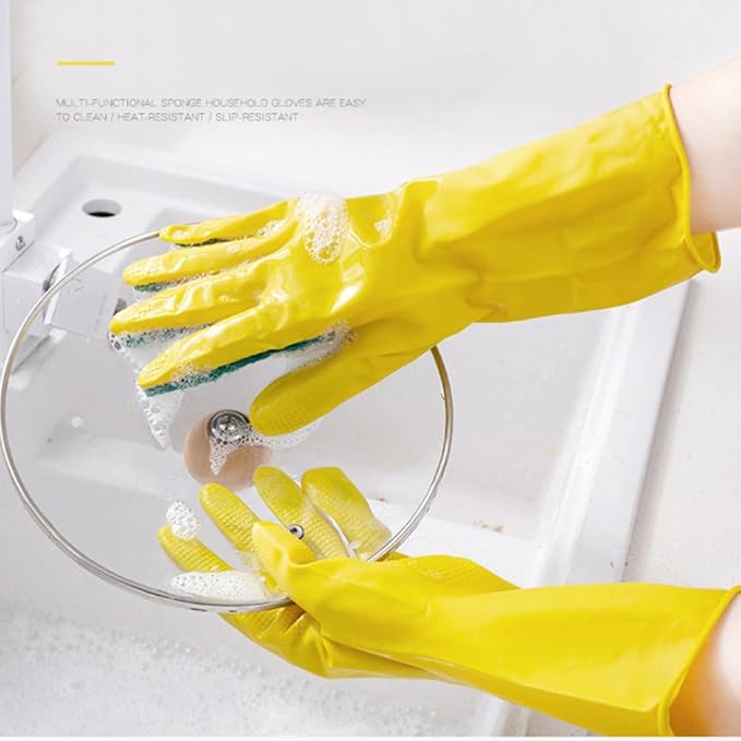 LALAFINA 2 Pairs Latex Gloves Kitchen Dishwashing Gloves Kitchen Latex Gardening Scouring Pad