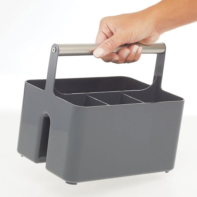 mDesign Plastic Shower Caddy Storage Organizer Utility Tote, Divided Basket Bin - Metal Handle for Bathroom, Dorm, Kitchen, Holds Soap, Shampoo, Conditioner - Aura Collection - Charcoal Gray/Satin