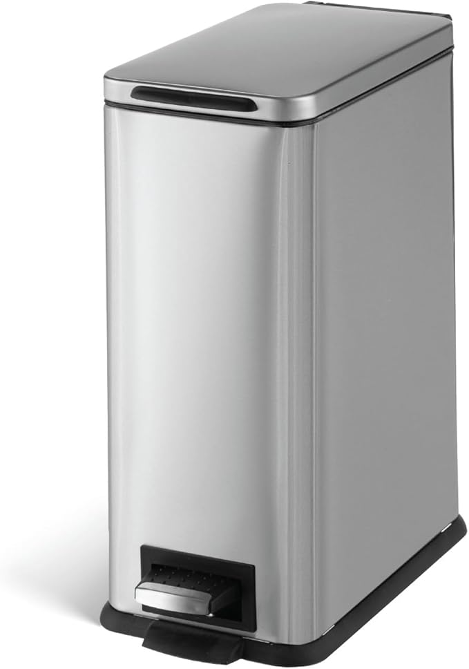 Home Zone Living 3 Gallon Small Trash Can with a Lid and Step Pedal, Stainless Steel with Slim Design for Home and Office, Silver, 10 Liters