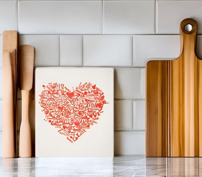 Swedish Dishcloths 2-Pack - Super Absorbent Reusable Cellulose Sponge Cloths, Eco-Friendly Kitchen Cleaning Towels, Machine Washable, Classic Red Heart, 7.87"x6.88"