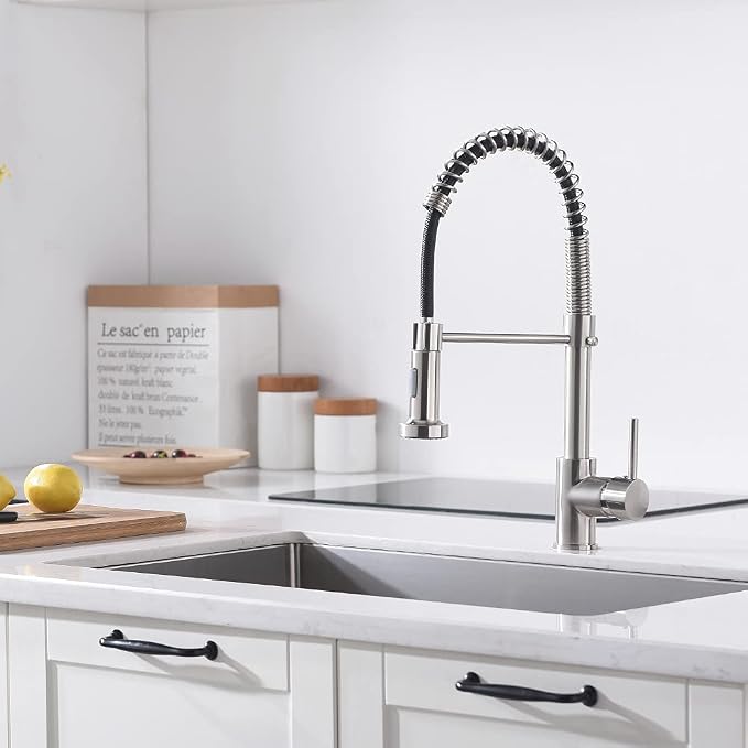 Kitchen Faucet with Pull Down Sprayer Industrial 1 Handle 1 Hole Or 3 Hole Faucet for Farmhouse Camper Laundry Utility Rv Wet Bar Sinks, Stainless Steel Brushed Nickel