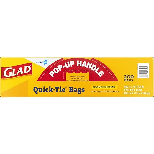 Glad CloroxPro Quick-Tie Tall Kitchen Trash Bags, 13 Gallon, 200 Count, Package May Vary