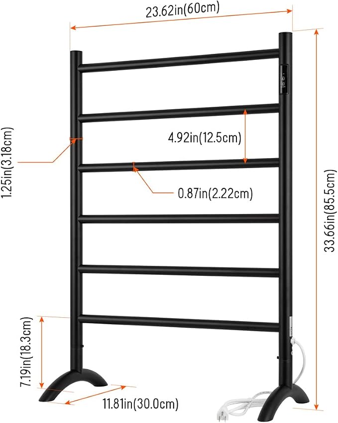 Freestanding Towel Warmer 6 Bars Plug-in Option 3 Working Modes Black Stainless Steel 24" W 34" H