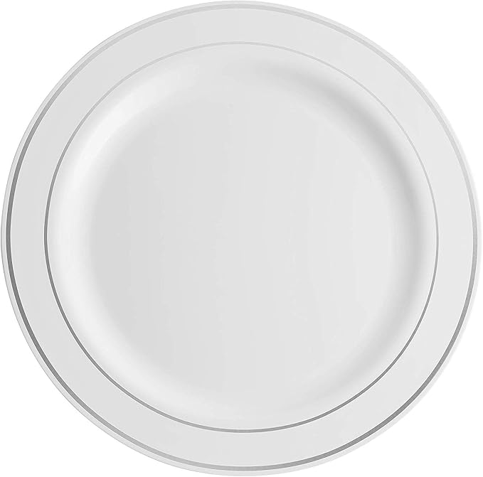 Munfix 100 Silver Plastic Dinner Plates Set, 10.25 Inch Disposable Heavy Duty Fancy Elegant Wedding Party Plates, White with Silver Rim