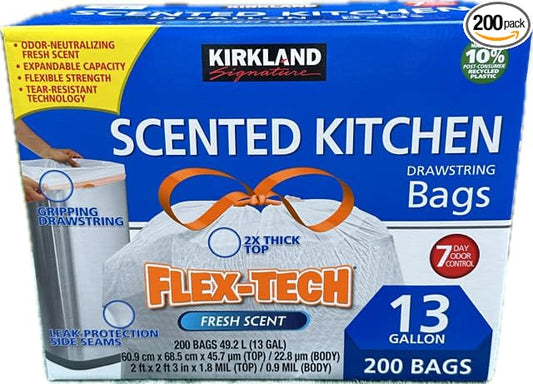 BD Kirkland Scented Kitchen Drawstring Bags, 13 Gallon, 200 Bags