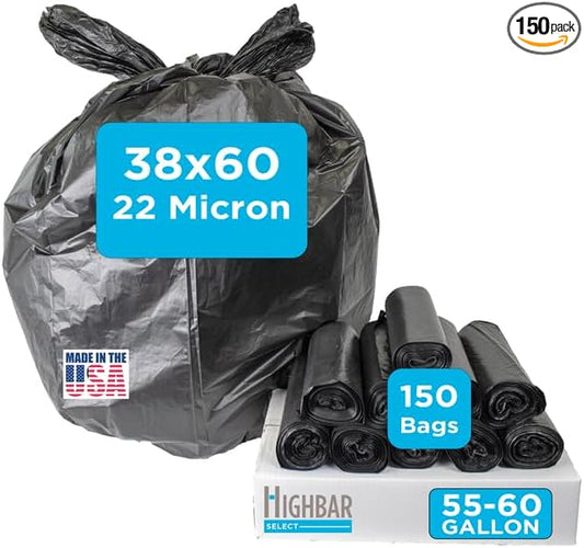 Highbar Select Large Black Trash Bags 55-60 Gallon Heavy Duty, 150 Count, High Density, 22 Micron, 38" x 60", Ideal for Schools, Janitorial, Bathrooms,