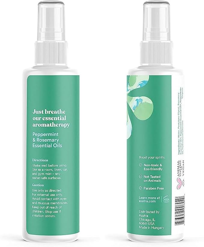 ASUTRA Multi-Use Essential Oil Aromatherapy Spray (Peppermint & Rosemary), 4 fl oz – Mist for Face, Body, Rooms & Linens – Car, Fabric, and Bathroom Freshener