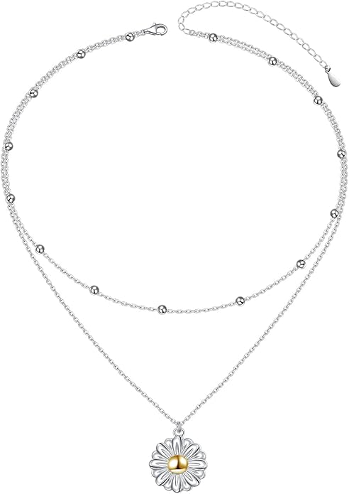 FLYOW Layered Choker Necklace S925 Sterling Silver Star Full Moon Daisy Flower Pendant Disc Jewelry Adjustable Clavicle Necklaces for Women Girls Birthday Gifts