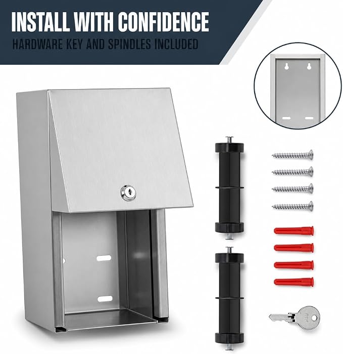 Commercial Toilet Paper Dispenser - 304 Stainless Steel Double Roll Holder - Heavy Duty Lockable Wall Mount Tissue Dispenser for Restroom - Metal Bathroom Fixtures