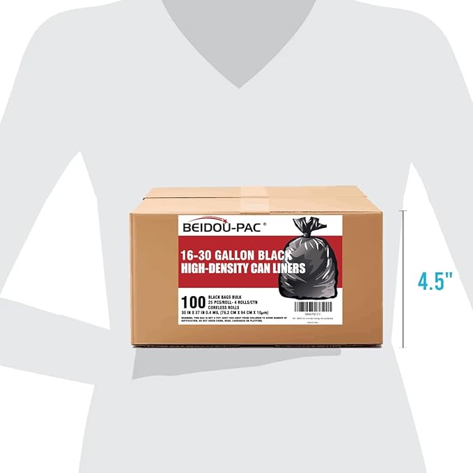 BEIDOU-PAC 30 Gallon Trash Bags, 100 Count Black Garbage bags, Multi-purpose Trash Can Bin Liners for Bathroom, Office, Industrial, Commercial, Janitorial, Municipal, Recycling