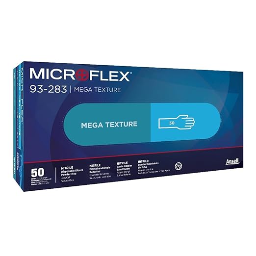 Ansell MICROFLEX Mega Texture 93-283 Blue Nitirle Glove for Food Processing, Cleaning and Automotive Size L (8,5-9,0) Case of 500