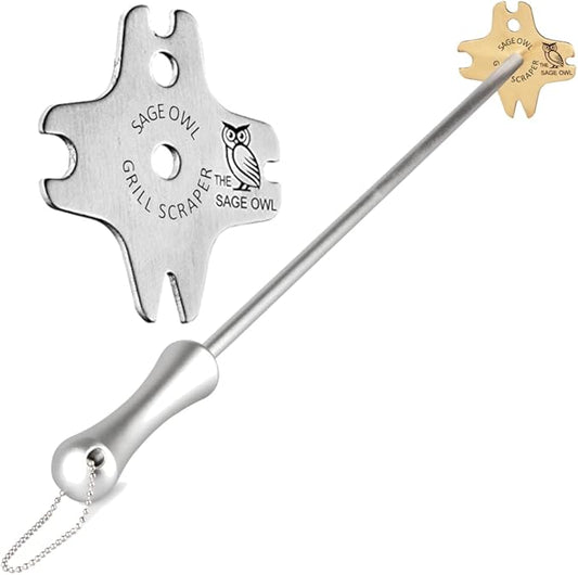 Sage Owl Bristle-Free Brass BBQ Grill Scraper with 17.5’’ Handle and Extra Portable Standard Stainless Steel Barbecue Grill Cleaner Tool - Cooking Stocking Stuffers Men
