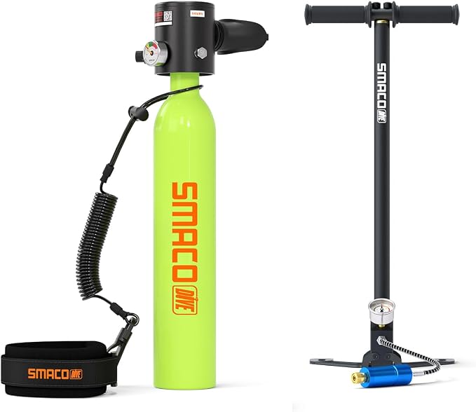 SMACO Mini Scuba Tank 0.5L Portable Reusable Diving Tank Emergency Diving Cylinder for Snorkeling, Freediving, Boat Cleaning & Air Backup Lightweight & Compact Design Pony Bottle S300