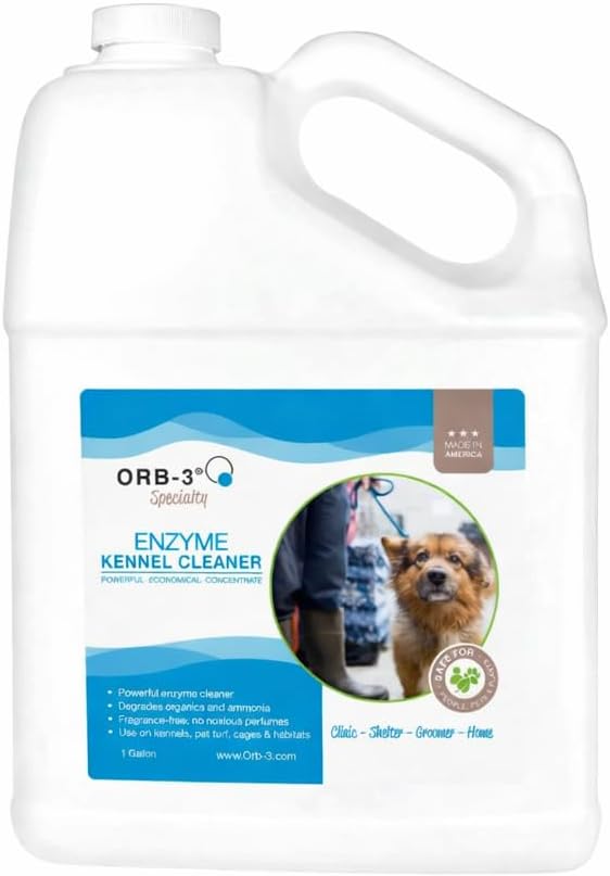 Orb-3 Enzyme Kennel Cleaner, Professional Pet Odor & Stain Remover – Enzymatic Formula for Kennels, Crates, Floors, Carpets & Hard Surfaces, 1-Gallon Jug