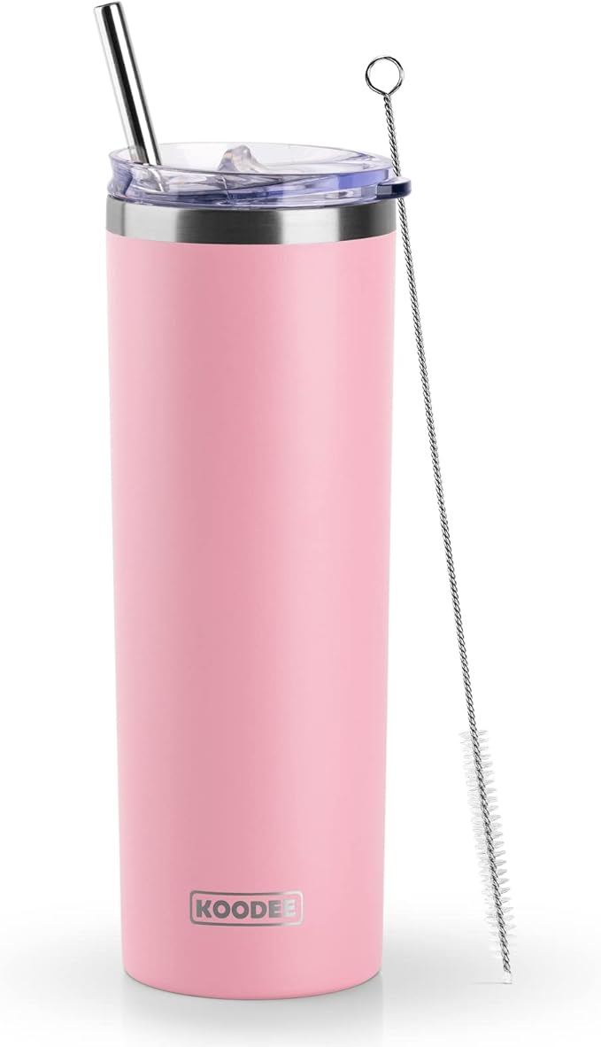 koodee 20 oz Stainless Steel Skinny Tumbler Double Wall Insulated Slim Water Tumbler Cup with Lids and Straw (Pink)