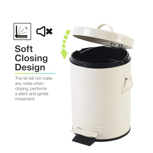 Bathroom Trash Can with Lid, Small Waste Basket for Home Bedroom, Retro Step Garbage Can with Soft Close, Vintage Office Trash Can, 5 Liter/ 1.3 Gallon, Glossy Cream White