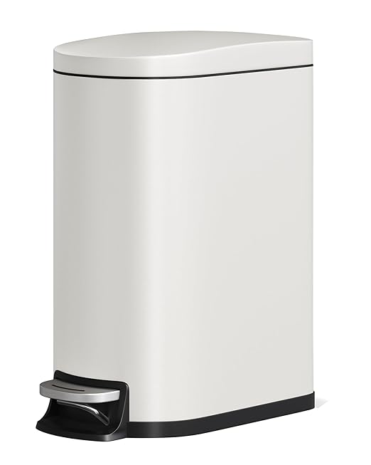 Garvee Slim 13 Gallon Trash Can with Lid, Step-on Metal Kitchen Garbage Bin with Lid & Inner Bucket, Rustproof Design, Soft-Close Lid & Rear Handle for Easy Use, Creamy White