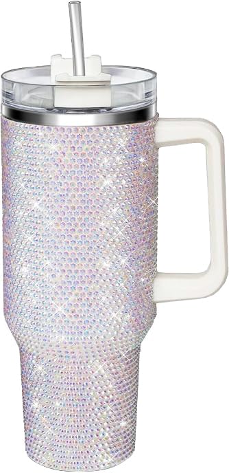 HWISDMIG 40oz Tumbler with Handle-Glitter Rhinestones Tumbler Bling Cups Stainless Steel Water Bottle Diamond Studded Tumbler for Women-Birthday Gifts for Women, Mom, Wife, Girlfriend (40 oz, White)