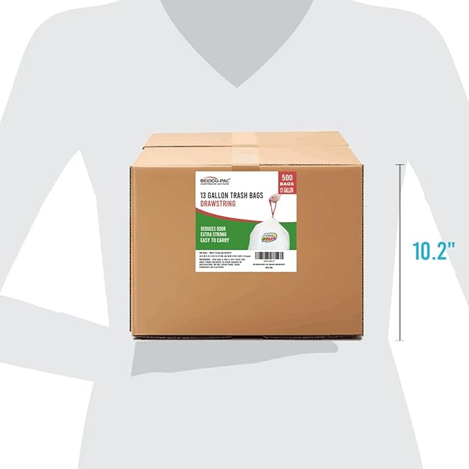 BEIDOU-PAC 13 Gallon Trash Bags Drawstring, 500 Count, White & Unscented Garbage Bags, Multi-purpose Tall Kitchen Trash Bags Can Liners for Business Home Commercial and Industrial