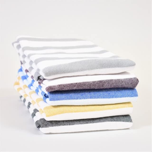 Realm 17" x 27" 100% Cotton Kitchen Towel (4 Pack) | Stripe Pattern Pebble Grey | Soft, Plush & Absorbent with Solid White Backing