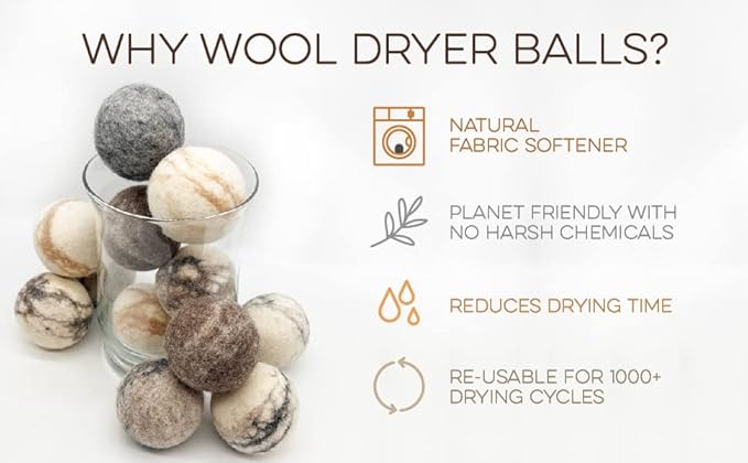 Hustle & Blush Wool Dryer Balls and Essential Oils Blend Bundle Laundry Set, Reduces Drying Time with Long Lasting Fresh Scent Laundry Supplies - 6 Pack Marble Dryer Balls & 15 ml Lavender Rain Oil