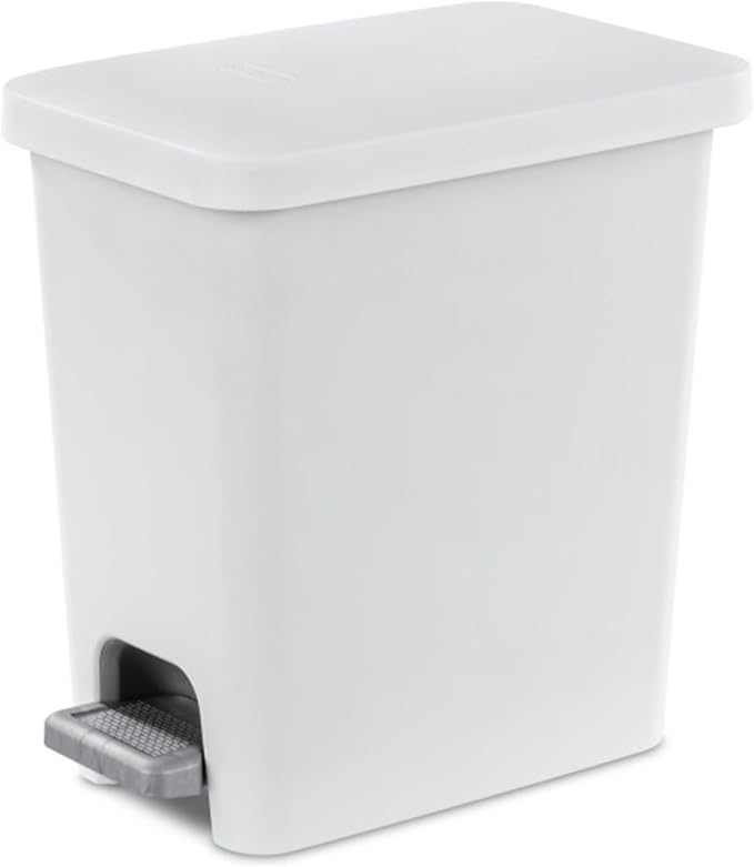 Sterilite 2.7 Gallon Rectangular Step On Kitchen Trash Bin Plastic Indoor Wastebasket with Removable Liner and Bag Holding Feature, White (6 Pack)