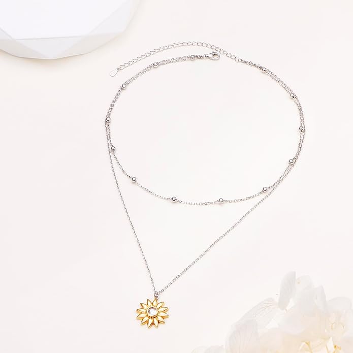 FLYOW Layered Choker Necklace S925 Sterling Silver Star Full Moon Daisy Flower Pendant Disc Jewelry Adjustable Clavicle Necklaces for Women Girls Birthday Gifts