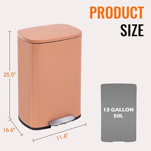BestOffice 13 Gallon (50L) Trash Can with Lid Garbage Can Commercial Trash Can with Soft-Close Foot Pedal Fingerprint Proof Stainless Steel for Kitchen Home Office Bedroom Bathroom