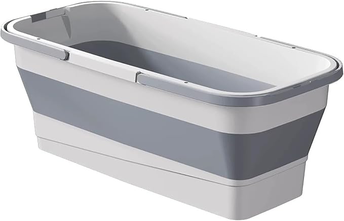 Foldable Mop Bucket with Dual Handles, Rectangular Collapsible Bucket, for House Cleaning, Camping & RV Use (12 L (3.2 Gallons), White Grey)
