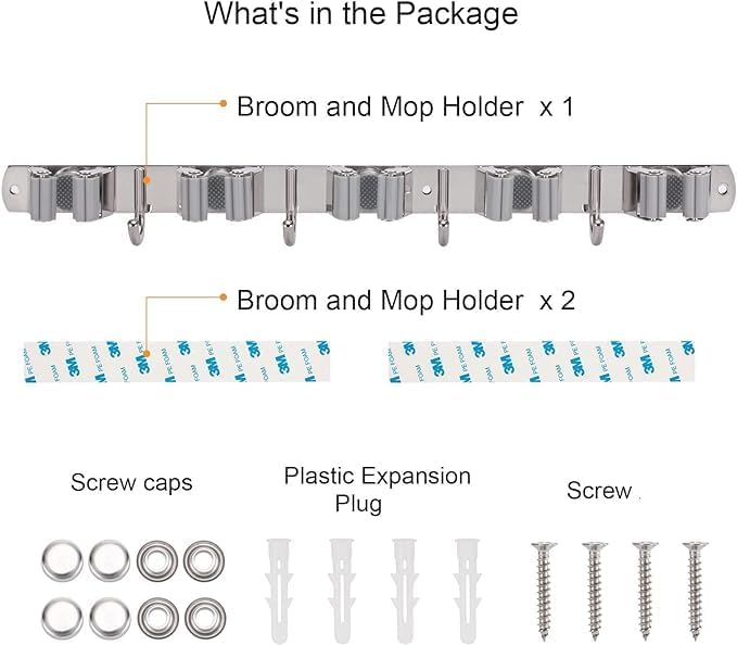 Broom Holder Wall Mount Heavy Duty, Mop Holder with Hooks, Broom and Mop Organizer Wall Hanging Self Adhesive for Kitchen Garden Garage (5 Racks 4 Hooks)