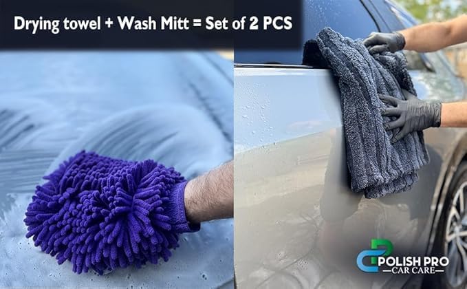 Polish Pro Car Drying Towel & Wash Mitt, Ultra Soft, Super Absorbent 1400 GSM Car Washing Kit, Twisted Loop & Coral Fleece, Holds Up to 10lbs Water, 24"x36", Set of 2
